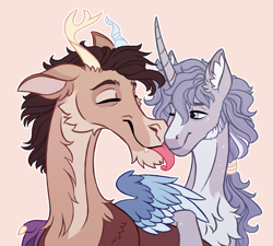 Size: 2000x1800 | Tagged: safe, artist:eeelt, discord, star swirl the bearded, pony, unicorn, g4, chest fluff, duo, duo male, gay, licking, long neck, male, neck fluff, nuzzling, pink background, shipping, simple background, swirlcord, tongue out, younger
