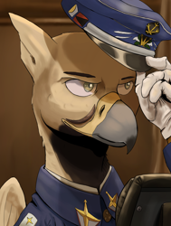 Size: 1560x2068 | Tagged: safe, artist:fly over, oc, griffon, equestria at war mod, bust, cap, clothes, gloves, griffon oc, hat, portrait, uniform