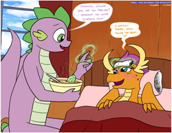 Size: 3300x2550 | Tagged: safe, artist:loreto-arts, smolder, spike, dragon, g4, bed, bowl, caring for the sick, dragoness, duo, female, food, gem, high res, male, older, older spike, ship:spolder, shipping, soup, straight, winged spike, wings