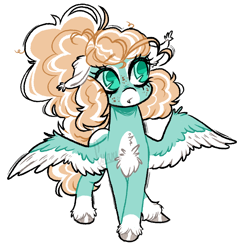 Size: 834x857 | Tagged: safe, artist:curryrice, oc, oc only, oc:popmint clouds, pegasus, pony, chest fluff, coat markings, colored wings, facial markings, floppy ears, freckles, pale belly, signature, simple background, snip (coat marking), socks (coat markings), solo, two toned wings, unshorn fetlocks, white background, wings