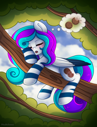 Size: 2200x2895 | Tagged: safe, artist:madelinne, oc, oc only, oc:cookie crumbler, pegasus, pony, cloud, cookie, dream, food, high res, leg stripes, pegasus oc, sleeping, solo, tree, tree branch