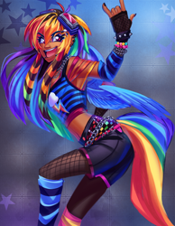 Size: 1750x2250 | Tagged: safe, artist:kyurochurro, part of a set, rainbow dash, human, g4, alternate hairstyle, arm warmers, ass, belly button, belt, bra, bra strap, bracelet, butt, chains, clothes, dark skin, devil horn (gesture), ear piercing, earring, female, fingerless gloves, fishnets, gloves, goggles, humanized, jewelry, leg warmers, lip piercing, midriff, nail polish, nose piercing, open mouth, piercing, scene hair, scene kid, shorts, snake bites, solo, spiked wristband, stockings, tank top, thigh highs, underwear, winged humanization, wings, wristband