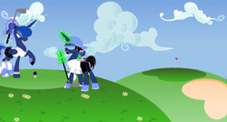 Size: 1600x857 | Tagged: safe, artist:evilfrenzy, princess luna, oc, oc:frenzy, alicorn, pony, g4, alternate hairstyle, clothes, cloud, cloudy, female, golf, grass, helmet, magic, magic aura, male, mare, ponytail, shoes, sneakers, socks, sports