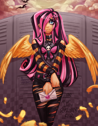 Size: 3500x4500 | Tagged: safe, artist:kyurochurro, part of a set, fluttershy, bird, human, g4, :c, alternate hairstyle, belt, clothes, cloud, collar, ear piercing, earring, emo, emoshy, eyeshadow, feather, female, frown, green day, hair over one eye, humanized, jeans, jewelry, letter, lockers, makeup, necklace, pants, piercing, ripped jeans, ripped pants, running makeup, running mascara, shirt, solo, spiked wristband, torn clothes, winged humanization, wings, wristband