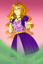 Size: 1280x1899 | Tagged: safe, artist:sunriseauburn, adagio dazzle, human, equestria girls, g4, my little pony equestria girls: rainbow rocks, alternate hairstyle, beautiful, beautisexy, breasts, busty adagio dazzle, clothes, dress, eyeshadow, female, gem, green smoke, lipstick, long hair, makeup, microphone, pink lipstick, purple eyes, sexy, siren gem, solo, spiked wristband, waifu material, wristband, yellow eyeshadow