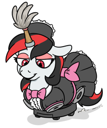 Size: 604x720 | Tagged: safe, artist:jargon scott, oc, oc only, oc:blackjack, pony, unicorn, fallout equestria, fallout equestria: project horizons, amputee, bowtie, broken horn, clothes, duster, eyeshadow, floppy ears, horn, lidded eyes, maid, makeup, ponies riding roombas, prosthetic eye, prosthetic horn, prosthetics, quadruple amputee, roomba, sausagejack, simple background, smiling, solo, white background