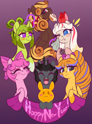 Size: 2150x2884 | Tagged: safe, oc, pegasus, pony, rabbit, unicorn, animal, gradient background, happy new year, high res, holiday, ponysona