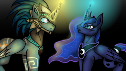 Size: 1824x1024 | Tagged: safe, artist:goldleafartist, princess luna, alicorn, pony, g4, crossover, curved horn, duo, duo male and female, fanfic art, female, glowing, glowing horn, horn, kotal kahn, male, mare, mortal kombat, mortal kombat 11, ponified, stallion, story in the source
