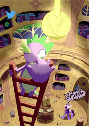 Size: 2893x4092 | Tagged: safe, artist:pendisplay, spike, twilight sparkle, dragon, pony, g4, book, bookshelf, duo, duo male and female, eyes closed, female, golden oaks library, ladder, library, light, looking down, looking up, male, open mouth, railing, yelling