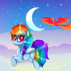 Size: 1344x1356 | Tagged: safe, artist:opal2023, rainbow dash, pegasus, phoenix, pony, g4, cloud, crescent moon, duo, moon, night, sparkles