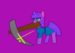 Size: 1414x1000 | Tagged: safe, artist:opossum-stuff, maud pie, earth pony, pony, g4, female, mouth hold, pickaxe, purple background, simple background, solo