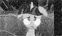 Size: 597x350 | Tagged: safe, artist:movieliker236, twilight sparkle, pony, g4, the crystal empire, black and white, female, grayscale, greatest fear, hypnosis, monochrome, solo, sombra eyes