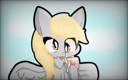 Size: 2552x1606 | Tagged: safe, artist:just loq, derpy hooves, pegasus, pony, g4, :p, cute, derp, derpabetes, food, heart, muffin, paper, solo, spread wings, tongue out, wings