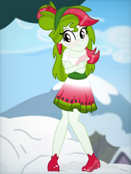 Size: 2768x3690 | Tagged: safe, artist:sjart117, oc, oc only, oc:watermelana, human, equestria girls, g4, blushing, clothes, cloud, cold, dress, female, freckles, headband, heeled boots, high res, shivering, sky, snow, solo, tree