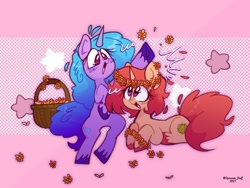 Size: 1088x816 | Tagged: safe, artist:opossum-stuff, izzy moonbow, oc, pony, unicorn, g5, basket, duo, female, floral head wreath, flower, horn, unicorn oc, unshorn fetlocks