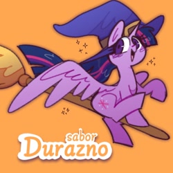 Size: 1280x1280 | Tagged: safe, artist:opossum-stuff, twilight sparkle, alicorn, pony, g4, broom, female, flying, flying broomstick, hat, orange background, simple background, solo, spanish, twilight sparkle (alicorn), witch, witch hat