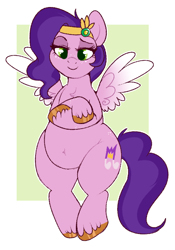 Size: 526x750 | Tagged: safe, artist:lulubell, pipp petals, pegasus, pony, g5, adipipp, adorapipp, belly button, bipedal, chubby, crossed arms, cute, fat, female, freckles, jewelry, mare, pear shaped, pipp is chubby, smiling, solo, spread wings, tiara, wings