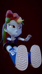 Size: 1080x1920 | Tagged: safe, artist:thebronymarines, rainbow dash, human, equestria girls, g4, 3d, armband, boots, clothes, collar, female, fetish, laces, rainbow socks, shirt, shoes, skirt, socks, squint, stretching, striped socks, t-shirt, teenager