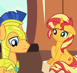 Size: 6012x5664 | Tagged: safe, artist:emeraldblast63, flash sentry, sunset shimmer, pegasus, pony, unicorn, comic:the tale of two sunsets, g4, duo, floppy ears