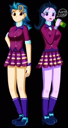 Size: 1015x1914 | Tagged: safe, artist:lemonzat115, indigo zap, zephyr, human, equestria girls, g4, alcohol, black background, clothes, crystal prep academy uniform, drunk, duo, duo female, female, plaid skirt, pleated skirt, school uniform, simple background, skirt, spanish, vodka