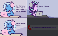 Size: 2307x1434 | Tagged: safe, artist:nawnii, starlight glimmer, trixie, pony, unicorn, g4, :3, comic, computer, deez nuts, duo, headphones, henway, text