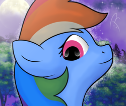 Size: 1280x1080 | Tagged: safe, artist:reinbou, rainbow dash, pegasus, pony, g4, forest, looking at you, moon, solo