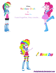 Size: 1032x1336 | Tagged: safe, artist:prettycelestia, pinkie pie, rainbow dash, oc, oc:neon zap, human, equestria girls, g4, belt buckle, blue eyes, boots, clothes, fusion, fusion:pinkie pie, fusion:pinkiedash, fusion:rainbow dash, high heel boots, jacket, multicolored hair, multiple arms, rainbow hair, rainbow socks, shoes, simple background, socks, stockings, striped socks, thigh highs, white background
