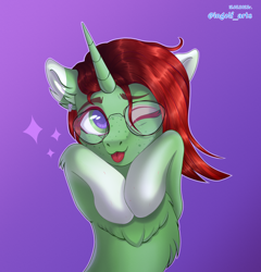 Size: 2500x2600 | Tagged: safe, artist:ingolf arts, oc, oc only, oc:moonsun, pony, unicorn, chest fluff, cute, ear fluff, female, glasses, gradient background, high res, horn, jewelry, one eye closed, scar, solo, tongue out, unicorn oc, wink