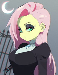 Size: 1000x1300 | Tagged: safe, artist:aetherionart, fluttershy, human, equestria girls, g4, breasts, busty fluttershy, crescent moon, ear piercing, earring, eyeshadow, female, fence, fluttergoth, frown, goth, jewelry, lidded eyes, looking at you, makeup, moon, night, piercing, solo