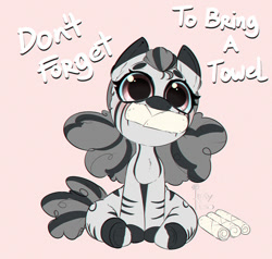 Size: 1000x952 | Tagged: safe, artist:inkypuso, oc, oc only, oc:munyu, zebra, big eyes, cute, female, mare, mouth hold, ocbetes, pink background, simple background, sitting, solo, south park, talking to viewer, towel, towelie, zebra oc