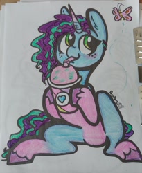 Size: 1714x2087 | Tagged: safe, artist:nootaz, misty brightdawn, butterfly, pony, unicorn, g5, cute, drink, drinking, drinking straw, female, hoof hold, looking up, mare, mistybetes, sitting, smoothie, solo, that pony sure does love smoothies, traditional art