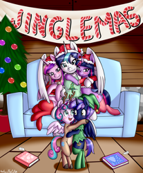Size: 3105x3750 | Tagged: safe, artist:anibaruthecat, princess cadance, princess flurry heart, shining armor, twilight sparkle, oc, oc:prince nova sparkle, alicorn, pony, g4, accessory, adorable face, adorasexy, alicorn oc, alicornified, animal costume, aunt and nephew, aunt and niece, banner, book, brother, brother and sister, candy, candy cane, christmas, christmas gift, christmas lights, christmas stocking, christmas tree, clothes, collar, colt, commission, costume, couch, cousins, crossdressing, cute, cutie mark on clothes, elf costume, family, father and child, father and daughter, father and son, female, filly, foal, food, half-brother, half-cousins, half-siblings, half-sister, hat, headband, high res, holiday, horn, hug, jewelry, male, mare, mother and child, mother and daughter, mother and son, necklace, offspring, parent and child, parent:shining armor, parent:twilight sparkle, parents:shining sparkle, poster, prince, prince shining armor, princess, product of incest, race swap, reindeer costume, royalty, santa costume, santa hat, sexy, shakespearicles, shiningcorn, shirt, siblings, sister, sisters, sisters-in-law, sitting, socks, stallion, standing, stockings, thigh highs, tree, twilight sparkle (alicorn), wall of tags, wings