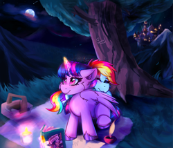 Size: 3900x3336 | Tagged: safe, artist:legionsunite, rainbow dash, twilight sparkle, alicorn, pegasus, pony, g4, basket, book, candle, canterlot, duo, duo female, female, high res, inkwell, lesbian, magic, mare, moon, night, picnic basket, ponyville, quill, scenery, ship:twidash, shipping, tree, twilight sparkle (alicorn)