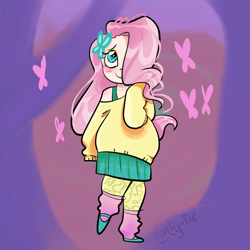 Size: 2000x2000 | Tagged: safe, artist:carconutty, fluttershy, human, g4, blushing, bra, bra strap, clothes, female, flats, hair over one eye, high res, humanized, leg warmers, leggings, shoes, skirt, solo, sweater, sweatershy, underwear