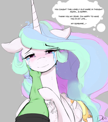 Size: 2520x2844 | Tagged: safe, artist:thelunarmoon, princess celestia, oc, oc:anon, alicorn, human, pony, g4, crying, digital art, duo, duo male and female, eye clipping through hair, eyebrows, eyebrows visible through hair, female, floppy ears, gray background, high res, human and pony, looking at you, male, mare, offscreen character, pov, simple background, smiling, smiling at you, talking to viewer, tears of joy