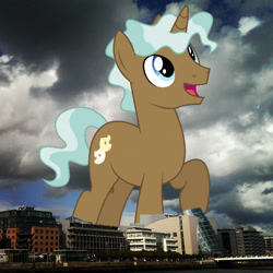 Size: 640x640 | Tagged: safe, anonymous editor, artist:dragonchaser123, edit, clever musings, pony, unicorn, g4, background pony, dublin, friendship student, giant pony, giant unicorn, highrise ponies, ireland, irl, looking up, macro, male, mega giant, open mouth, photo, ponies in real life, smiling, solo, stallion