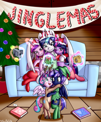 Size: 3105x3750 | Tagged: safe, alternate version, artist:anibaruthecat, princess cadance, princess flurry heart, shining armor, twilight sparkle, oc, oc:prince nova sparkle, alicorn, pony, accessories, adorable face, adorasexy, alicorn oc, alicornified, animal costume, aunt and nephew, aunt and niece, banner, book, brother, brother and sister, camera, candy, candy cane, christmas, christmas gift, christmas lights, christmas stocking, christmas tree, clothes, collar, colt, commission, costume, couch, cousins, crossdressing, cute, father and child, father and daughter, father and son, female, filly, foal, food, half-brother, half-cousins, half-siblings, half-sister, hat, headband, high res, holiday, horn, hug, jewelry, levitation, magic, magic aura, male, mare, mistleholly, mistletoe, mistletoe abuse, mother and child, mother and daughter, mother and son, necklace, offspring, parent and child, parent:shining armor, parent:twilight sparkle, parents:shining sparkle, poster, prince, prince shining armor, princess, product of incest, race swap, reindeer costume, royalty, santa costume, santa hat, sexy, shakespearicles, shiningcorn, shirt, siblings, sister, sisters, sisters-in-law, sitting, socks, stallion, standing, stockings, telekinesis, thigh highs, tree, twilight sparkle (alicorn), wall of tags, wings