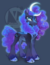 Size: 1072x1406 | Tagged: safe, artist:anoraknr, princess luna, kirin, blue eyes, blue mane, blue tail, crescent moon, digital art, ethereal mane, ethereal tail, eyebrows, eyelashes, eyeshadow, female, flowing mane, flowing tail, glowing, gray background, kirin luna, kirin-ified, logo, looking at you, makeup, mare, moon, scales, signature, simple background, solo, species swap, starry mane, starry tail, stars, tail, unshorn fetlocks