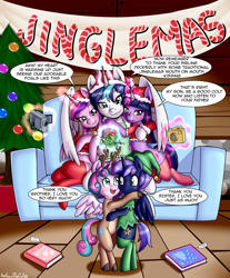 Size: 3105x3750 | Tagged: safe, alternate version, artist:anibaruthecat, princess cadance, princess flurry heart, shining armor, twilight sparkle, oc, oc:prince nova sparkle, alicorn, pony, accessories, adorable face, adorasexy, alicorn oc, alicornified, animal costume, aunt and nephew, aunt and niece, banner, book, brother, brother and sister, camera, candy, candy cane, christmas, christmas gift, christmas lights, christmas stocking, christmas tree, clothes, collar, colt, commission, costume, couch, cousins, crossdressing, cute, dialogue, encouragement, encouraging, father and child, father and daughter, father and son, female, filly, foal, food, half-brother, half-cousins, half-siblings, half-sister, hat, headband, high res, holiday, horn, hug, imminent kissing, jewelry, levitation, magic, magic aura, male, mare, mistleholly, mistletoe, mistletoe abuse, mother and child, mother and daughter, mother and son, necklace, offspring, parent and child, parent:shining armor, parent:twilight sparkle, parents:shining sparkle, poster, prince, prince shining armor, princess, product of incest, race swap, reindeer costume, royalty, santa costume, santa hat, sexy, shakespearicles, shiningcorn, shirt, siblings, sister, sisters-in-law, sitting, socks, speech bubble, stallion, standing, stockings, talking, telekinesis, text, thigh highs, this will end in snu snu, tree, twilight sparkle (alicorn), wall of tags, wings