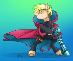 Size: 2683x2248 | Tagged: safe, artist:opalacorn, earth pony, pony, amputee, clothes, coat, crossover, gradient background, head turned, longcoat, male, ponified, prosthetic leg, prosthetic limb, prosthetics, solo, stallion, sunglasses, trigun, trigun stampede, vash the stampede