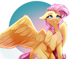 Size: 2094x1702 | Tagged: safe, artist:symphstudio, fluttershy, pegasus, pony, cute, floppy ears, grin, raised hoof, shyabetes, simple background, smiling, solo, spread wings, transparent background, unshorn fetlocks, wings