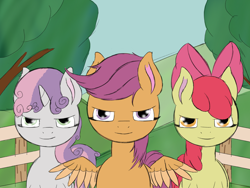 Size: 2048x1536 | Tagged: safe, artist:the crystal artist, derpibooru exclusive, apple bloom, scootaloo, sweetie belle, earth pony, pegasus, pony, unicorn, flight to the finish, bow, cute, cutie mark crusaders, female, fence, filly, foal, hair bow, parody, scene interpretation, scene parody, scene redraw, smiling, spread wings, tree, trio, wings