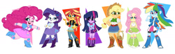 Size: 2180x678 | Tagged: safe, artist:susanarodriguesart, applejack, fluttershy, pinkie pie, rainbow dash, rarity, sunset shimmer, twilight sparkle, equestria girls, boots, chubby, clothes, female, fit, flexing, humane five, humane seven, humane six, one eye closed, open mouth, open smile, rope, shoes, simple background, skinny, skirt, smiling, thick, white background, wink