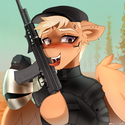 Size: 1700x1700 | Tagged: safe, artist:zlatavector, oc, oc:razor sharp, cyborg, pegasus, pony, ak-74m, amputee, assault rifle, blushing, gun, licking, male, pegasus oc, piercing, prosthetic leg, prosthetic limb, prosthetics, rifle, solo, spread wings, stallion, tongue out, weapon, wings