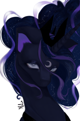 Size: 2300x3493 | Tagged: safe, artist:starlesssky665, princess luna, alicorn, pony, g4, blue eyes, blue mane, bust, crown, digital art, ethereal mane, eyeshadow, female, flowing mane, high res, horn, jewelry, lidded eyes, looking at you, makeup, mare, peytral, portrait, regalia, signature, simple background, solo, starry mane, stars, white background