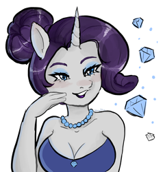 Size: 2480x2600 | Tagged: safe, artist:okay1trin, rarity, unicorn, anthro, g4, alternate hairstyle, bare shoulders, breasts, busty rarity, cleavage, eyeshadow, female, grin, hair bun, high res, jewelry, lidded eyes, lipstick, makeup, mare, necklace, pearl necklace, simple background, smiling, solo, white background