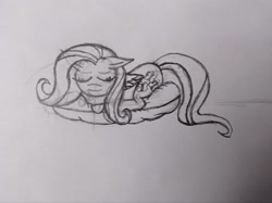 Size: 4000x2992 | Tagged: safe, artist:lukasz, fluttershy, pegasus, pony, g4, monochrome, slipping, solo, traditional art