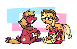 Size: 2048x1299 | Tagged: safe, artist:punkittdev, apple bloom, applejack, big macintosh, earth pony, pony, g4, apple siblings, apple sisters, bow, female, filly, foal, laughing, mare, siblings, simple background, sisters, tail, tail bow, trans female, transgender, white background, wholesome
