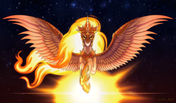 Size: 1280x748 | Tagged: safe, artist:ulna_moon, daybreaker, alicorn, pony, g4, armor, crown, digital art, ethereal mane, ethereal tail, feather, female, fire, flowing mane, flowing tail, flying, gem, glowing, goddess, helmet, hoof shoes, horn, jewelry, large wings, looking at you, mane of fire, mare, peytral, regalia, solo, space, spread wings, stars, sun, sunlight, tail, wing armor, wings, yellow eyes