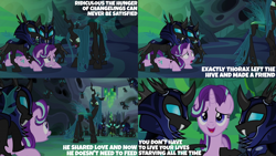 Size: 2000x1125 | Tagged: safe, edit, edited screencap, editor:quoterific, screencap, queen chrysalis, starlight glimmer, changeling, pony, unicorn, g4, to where and back again, armor, changeling armor, changeling guard